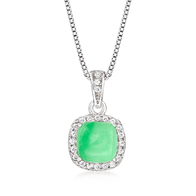 Sterling silver pendant necklace with green jade square-cut center and diamond halo