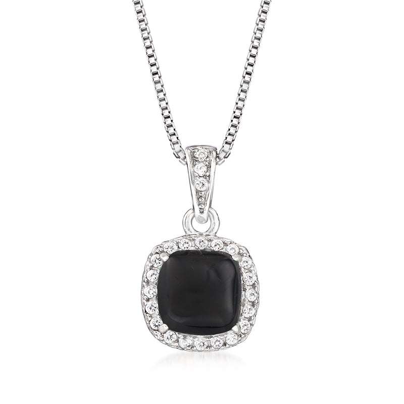 Sterling silver pendant necklace with square black agate centerpiece, halo of white stones