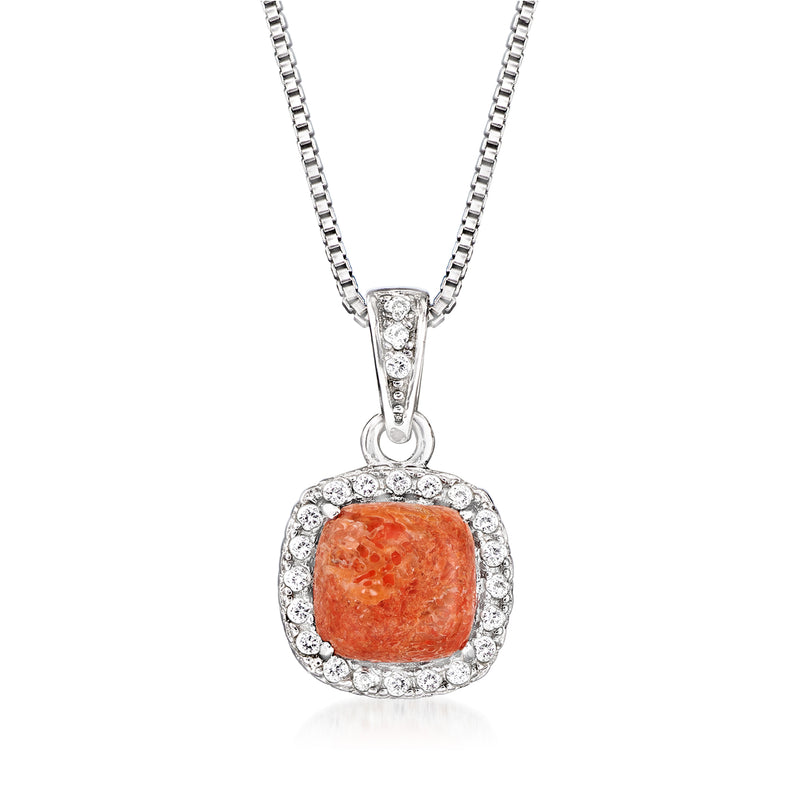 Sterling silver coral pendant necklace with white topaz halo
