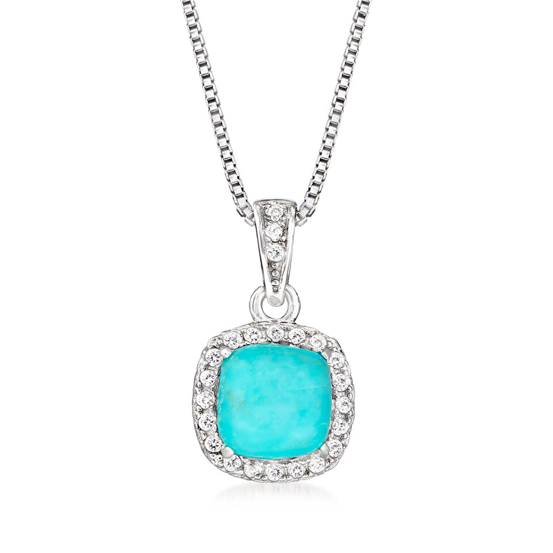 Sterling silver pendant necklace with turquoise cushion gemstone and sparkling halo