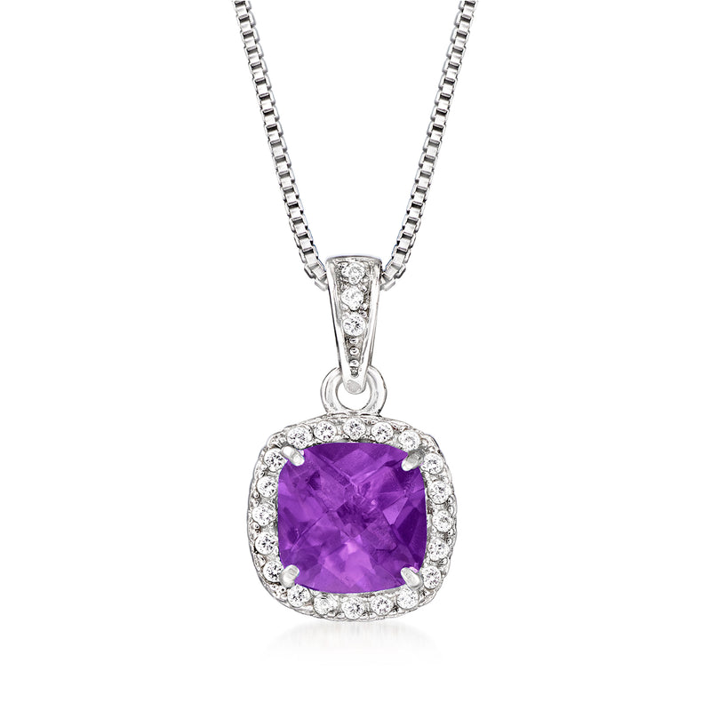 Sterling silver pendant necklace with oval purple amethyst and white topaz halo