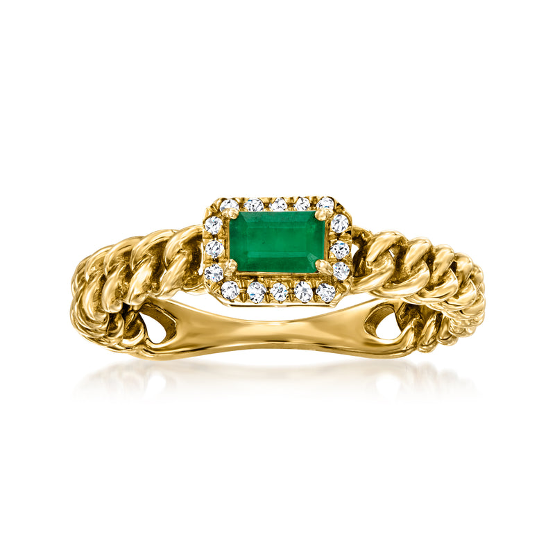 14kt yellow gold curb-link ring with emerald-cut green gemstone and diamond accents