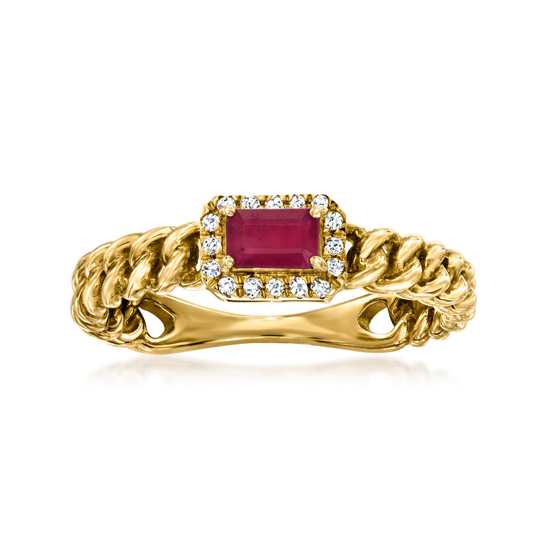 14kt yellow gold curb-link ring with square ruby center and diamond surround