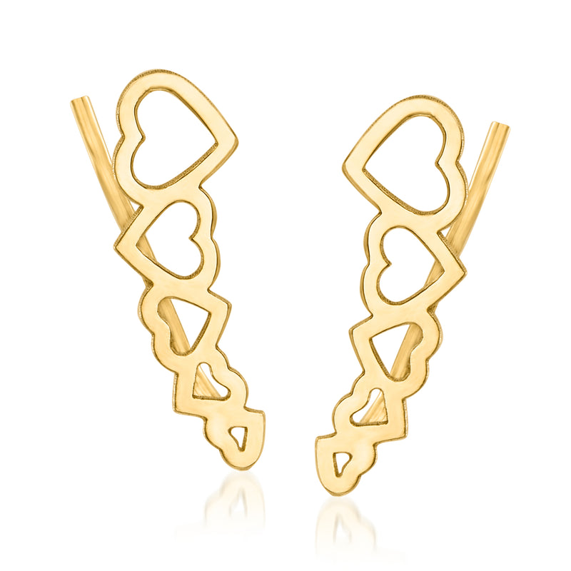 14kt yellow gold heart ear climber earrings with three outlined hearts