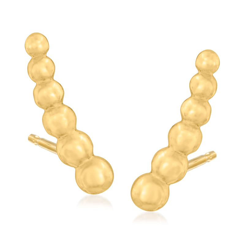 14kt yellow gold bead ear climber post earrings, round textured beads