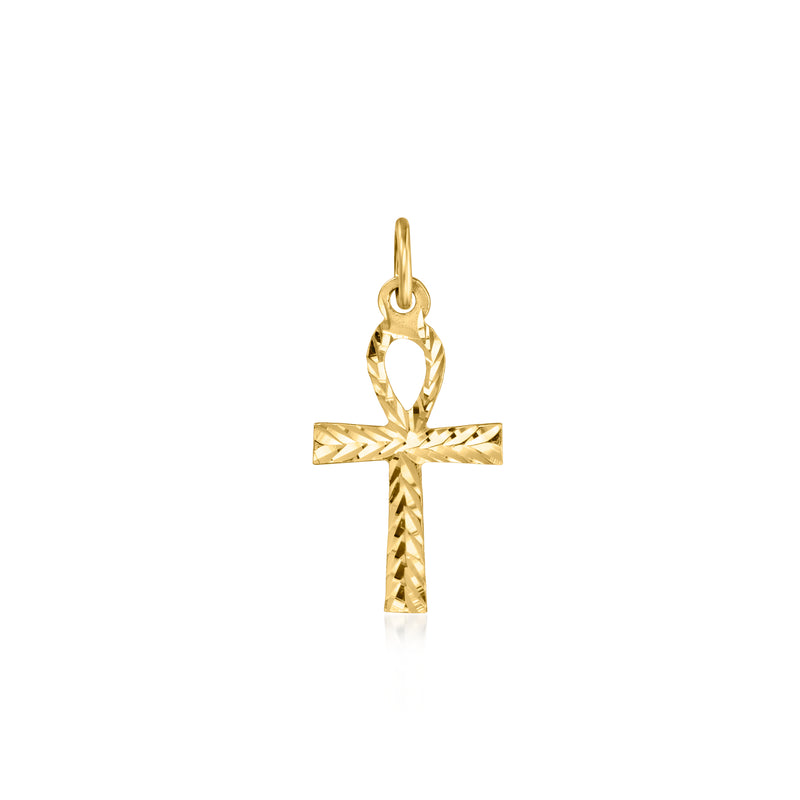 14kt yellow gold cross charm with an upper loop, polished and hinged bail