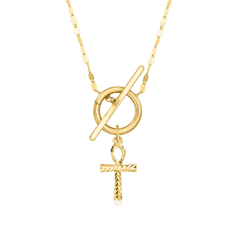Yellow gold cross charm pendant with hoop and ankh-style top on a chain