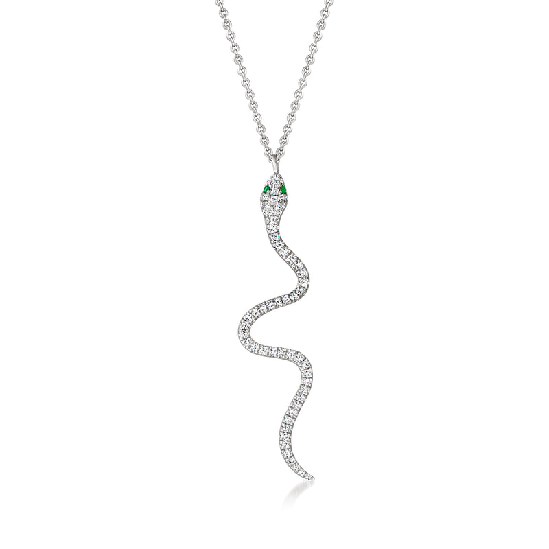 Sterling silver snake pendant necklace with diamond sparkle and small green accents