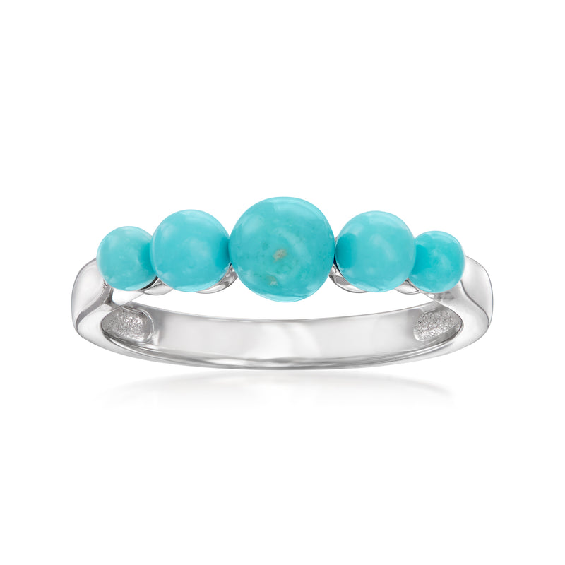 Turquoise cabochon bead ring in sterling silver, five round stones on a slim band