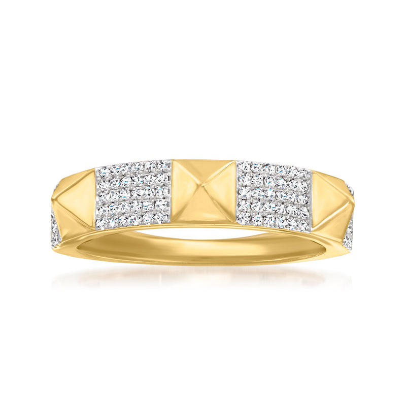14kt yellow gold ring with pave diamond pyramid panels, wide band