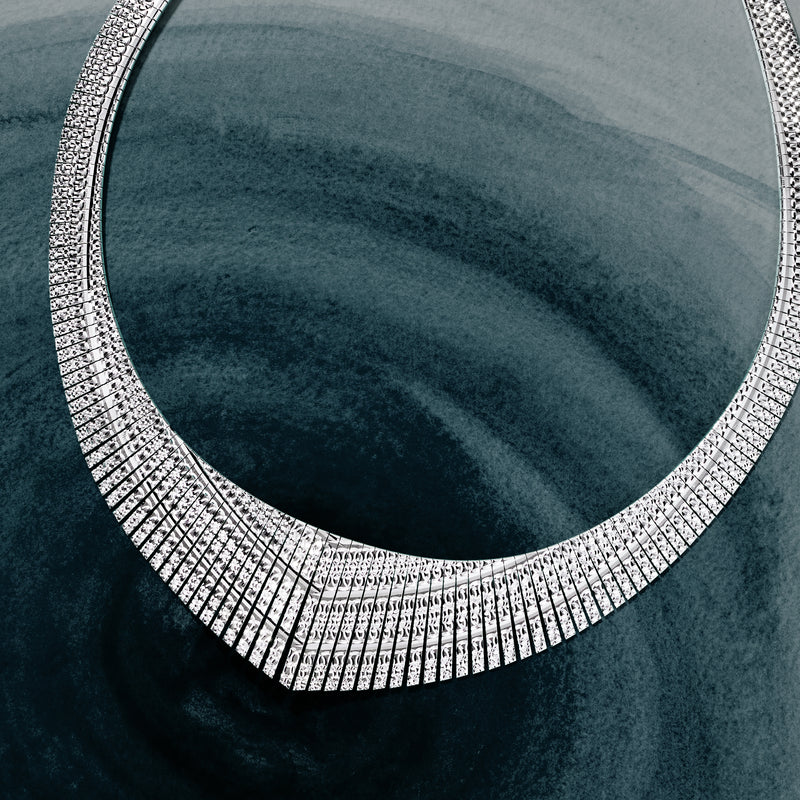 Sterling silver graduated Cleopatra necklace close-up, multi-row drape chain fringe