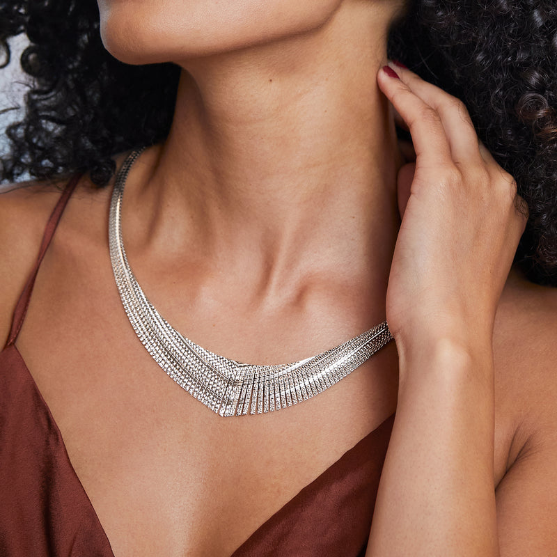 Sterling silver Cleopatra draped fringe necklace worn on model’s neckline