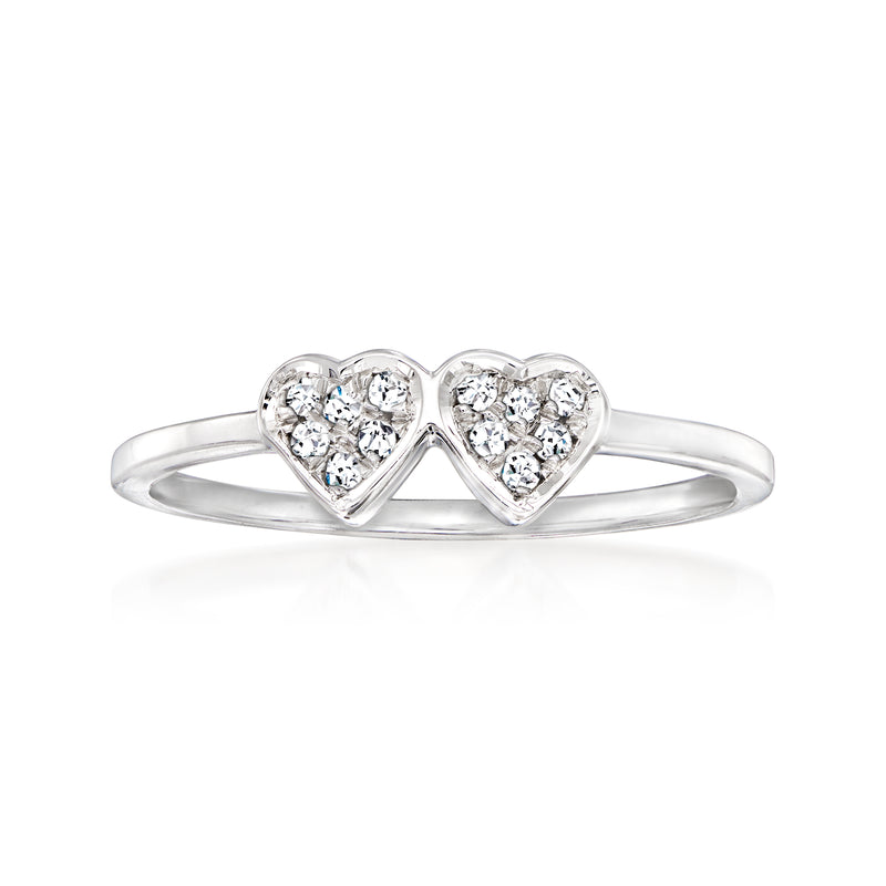 Sterling silver double-heart diamond ring with four round stones