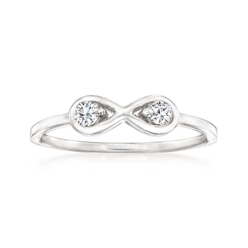 Sterling silver infinity symbol diamond ring with two round brilliant stones