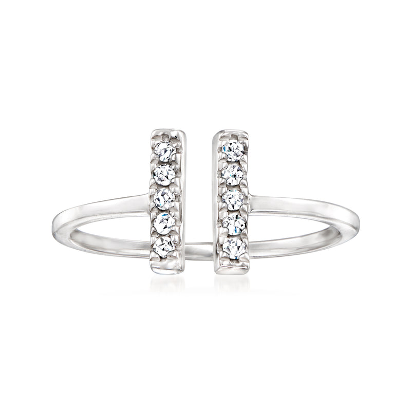 Sterling silver open linear bar diamond ring with three stone rows on each bar