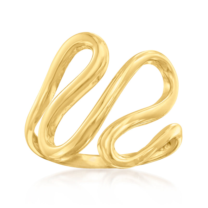 14kt yellow gold curved swirl ring with open loop design, polished shine