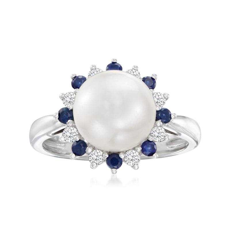 Sterling silver ring with round white cultured pearl and blue sapphire halo