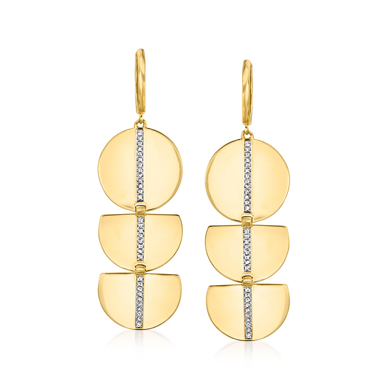 18kt gold drop earrings with three round geometric discs and vertical diamond accents