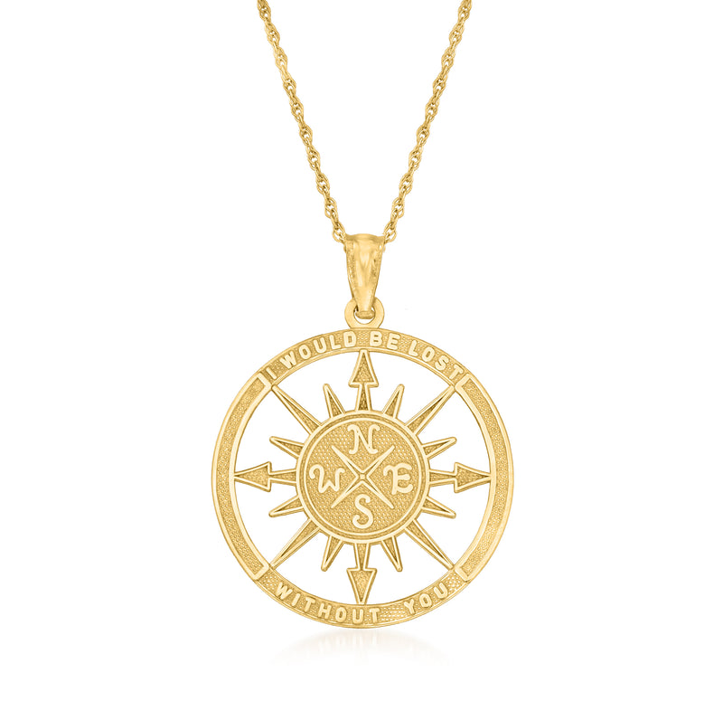 14kt yellow gold compass pendant necklace with round engraved compass medallion