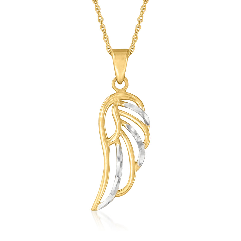 14kt yellow gold angel wing pendant necklace with gold and silver-toned wings
