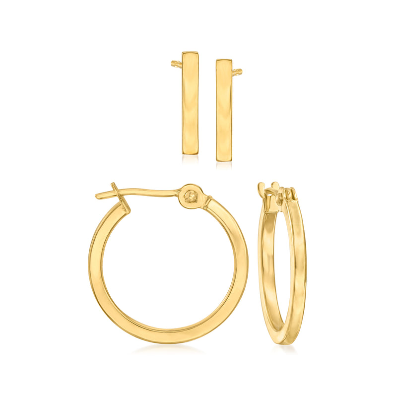 14kt yellow gold hoop earrings and bar studs set, rectangular studs and round hoops