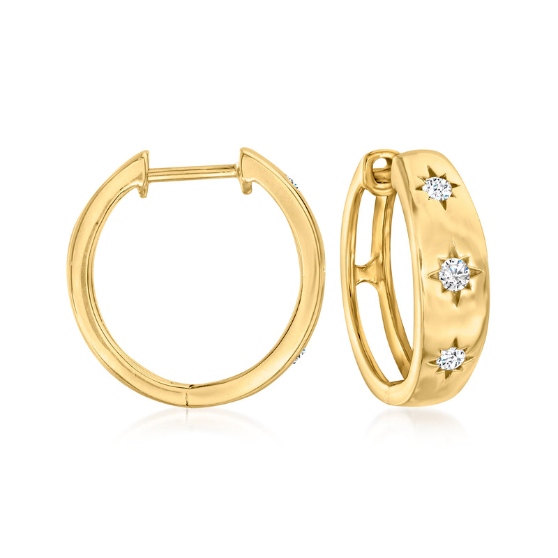 Yellow gold hoop earrings with three diamond accents