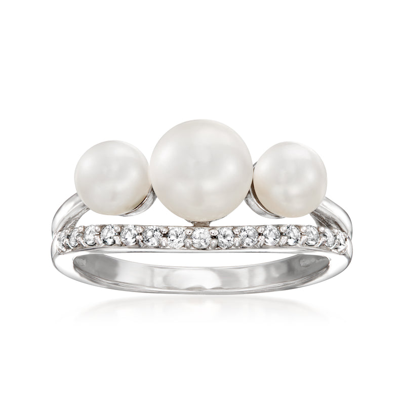 Sterling silver pearl ring with three cultured pearls and white topaz
