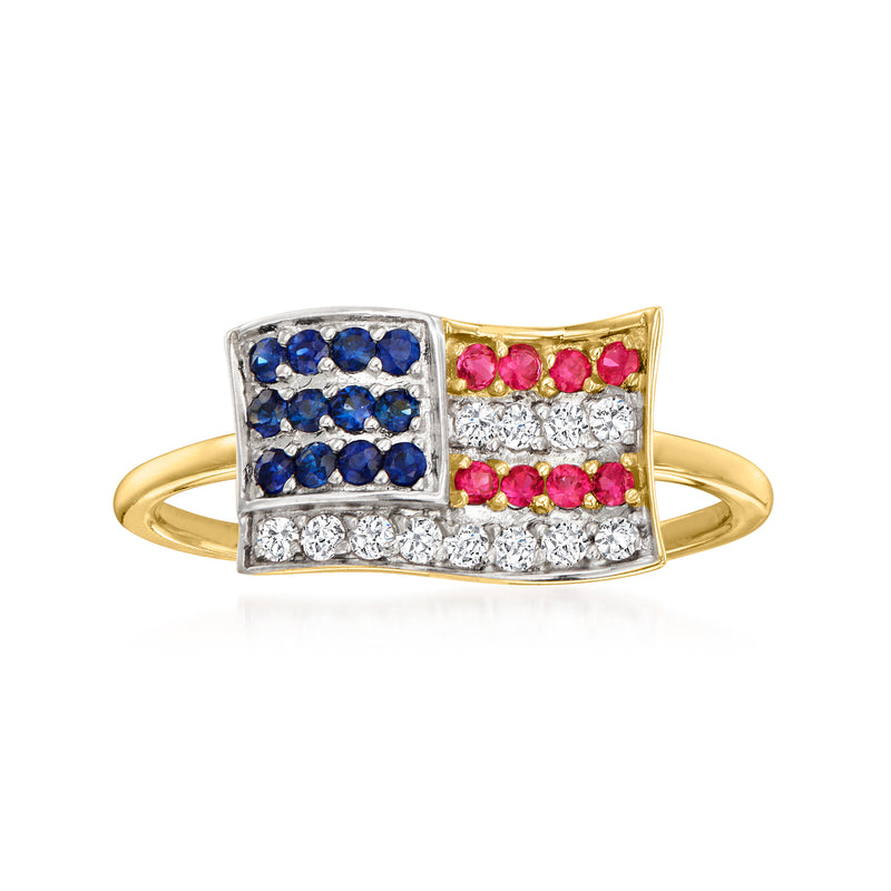 14kt yellow gold American flag ring with blue, red gemstones and diamond accents