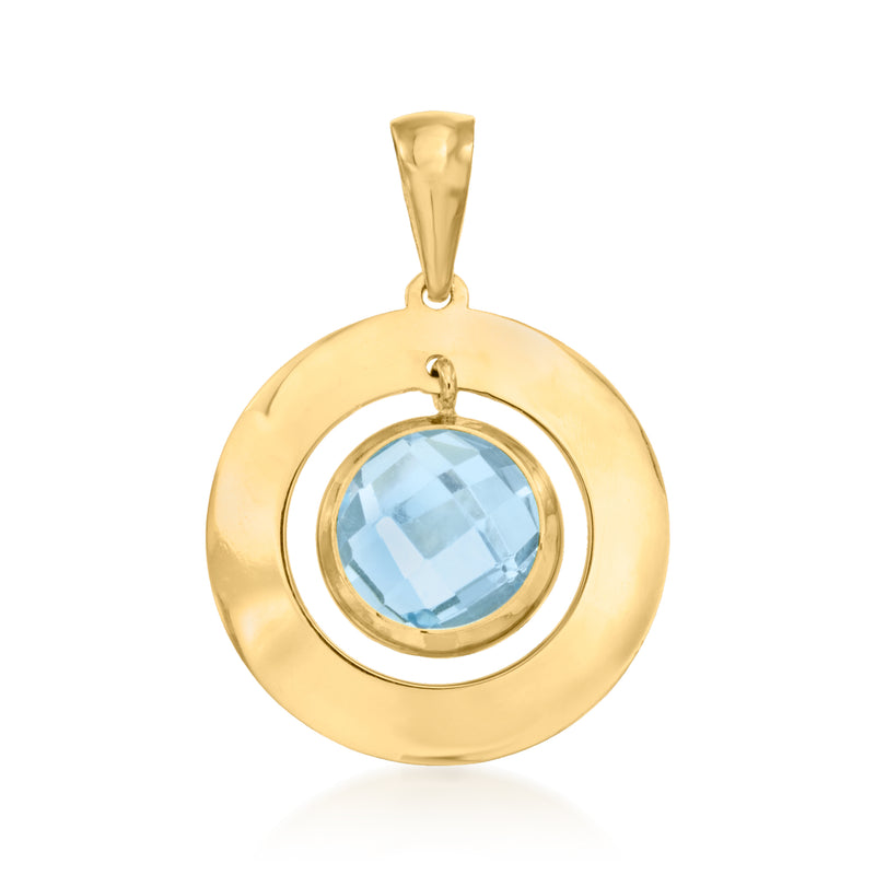 14kt yellow gold pendant with round sky-blue topaz in circular bezel, bail at top