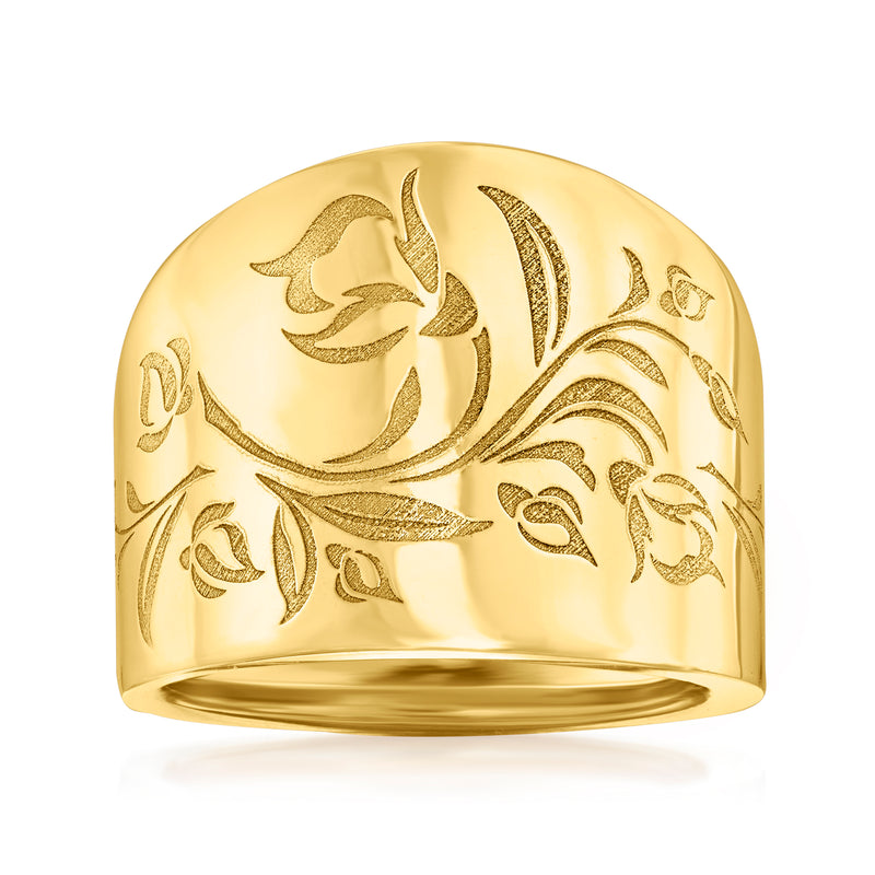 14kt yellow gold floral ring with engraved bouquet and vine design, domed top