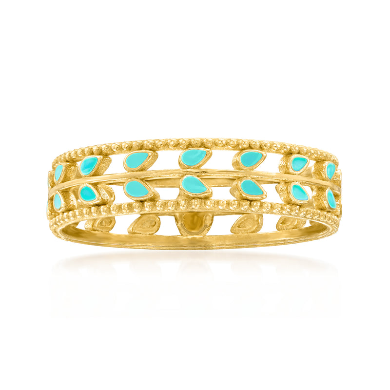 14kt yellow gold leaf enamel ring with oval blue enamel accents
