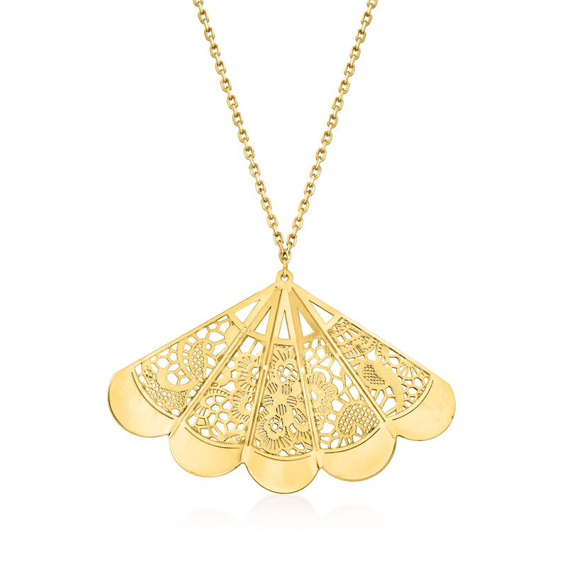 14kt yellow gold fan-shaped lace pendant necklace on a delicate chain
