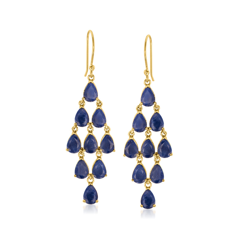 Gold chandelier earrings with blue teardrop gemstones and earwire hooks