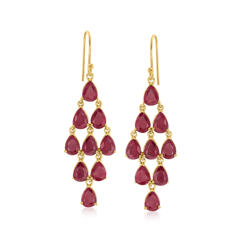 18kt gold over sterling ruby red chandelier earrings with teardrop gems, earwire hooks