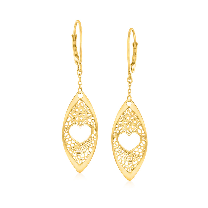 14kt yellow gold lace marquise drop earrings with heart cutout, leverback