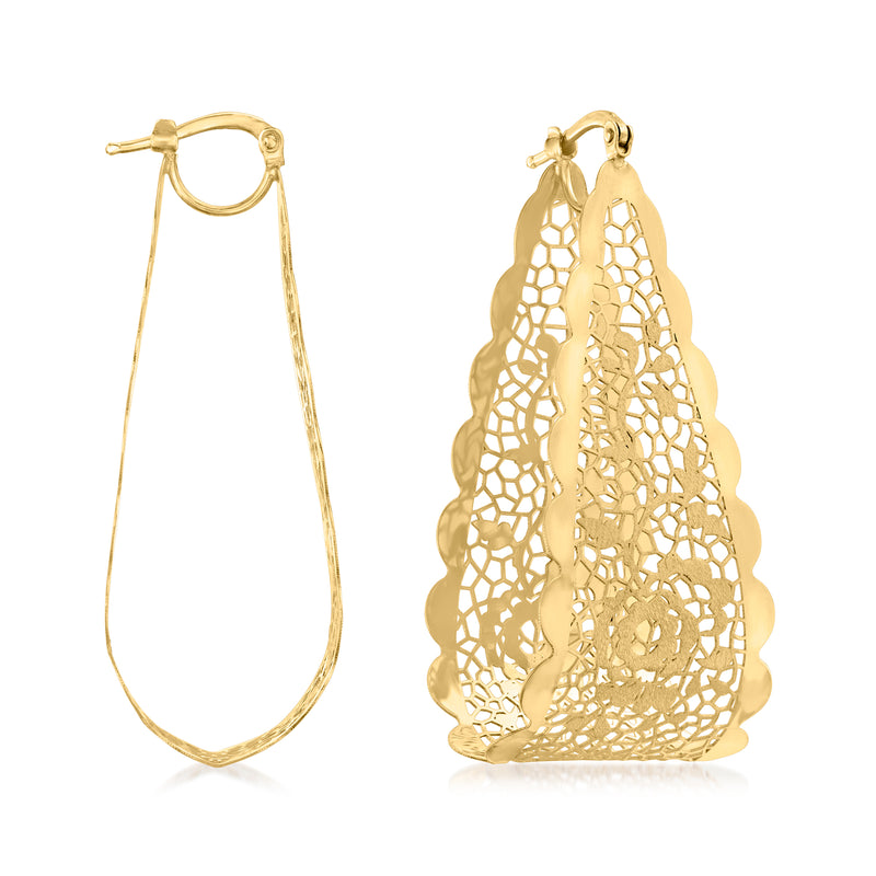 14kt yellow gold U-shaped hoop earrings with floral lace openwork pattern