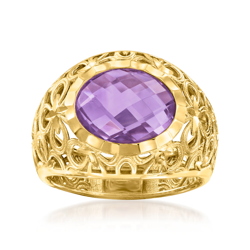 14kt yellow gold amethyst openwork oval ring with purple gemstone