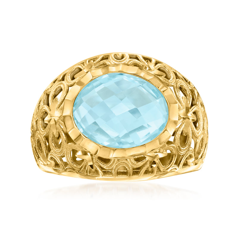 14kt yellow gold oval sky blue topaz clover openwork ring with ornate gallery setting