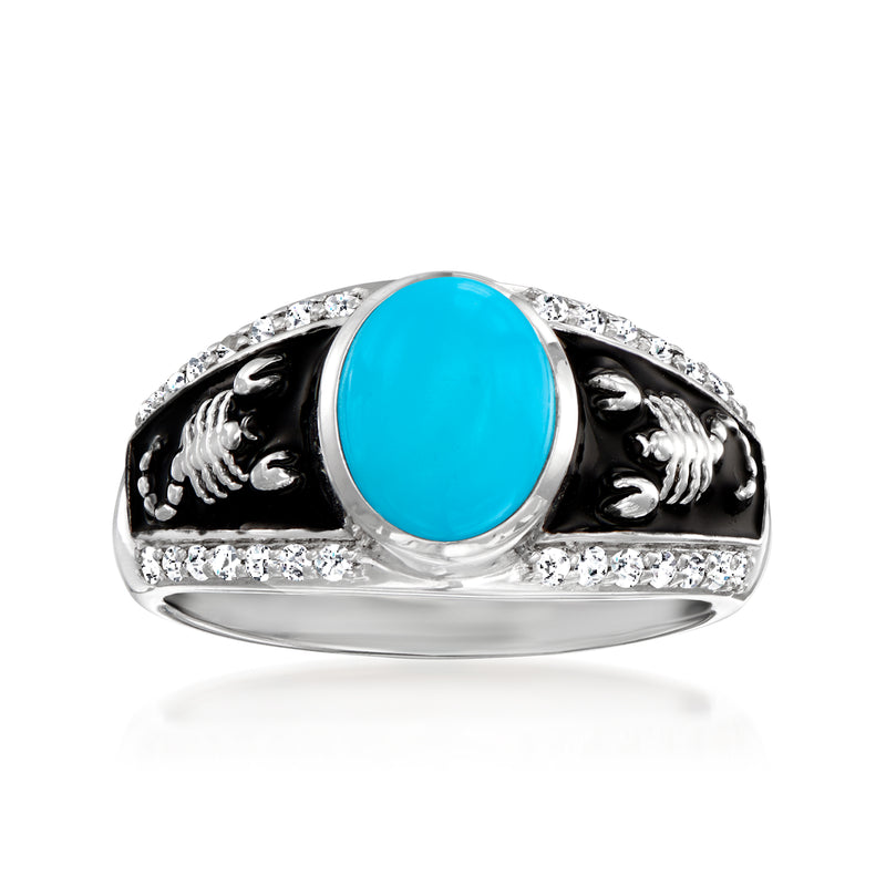 Sterling silver scorpion ring with black enamel and turquoise oval center, sparkly accents