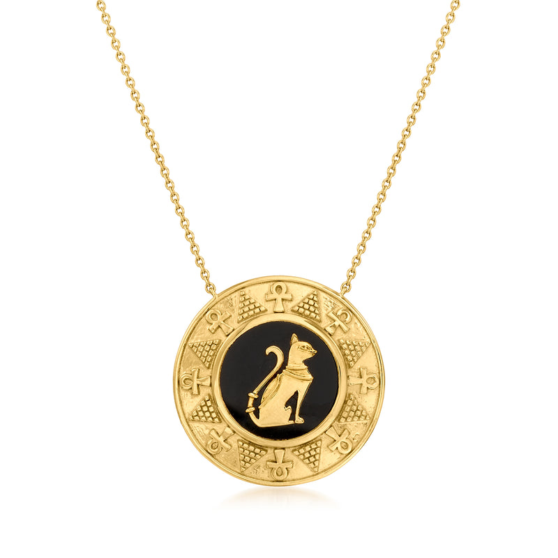 Cat medallion necklace, round gold over sterling pendant with black onyx cat silhouette