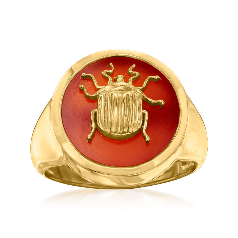 18kt gold over sterling ring with red carnelian cabochon and gold scarab bezel
