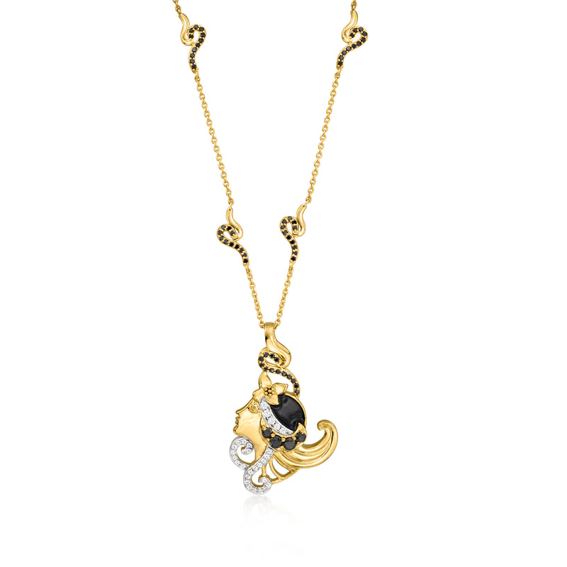 Gold pendant necklace with black oval center and clear stone accents