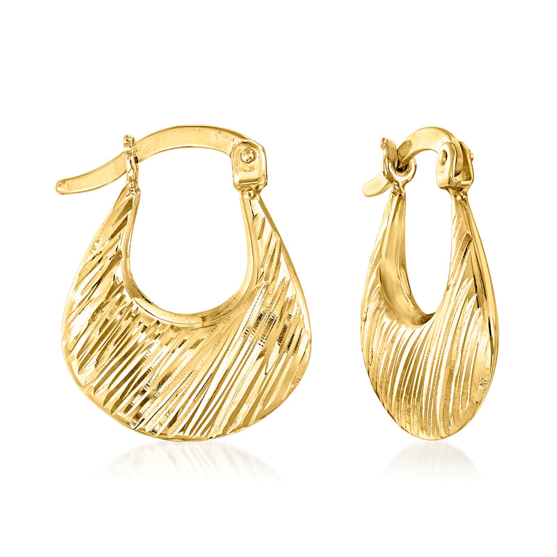 Curved wide hoop earrings in 14kt yellow gold, textured radiating pattern and clasp backs