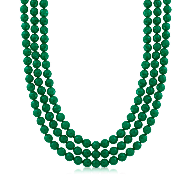 Green agate bead three-strand necklace with round beads and sterling silver clasp