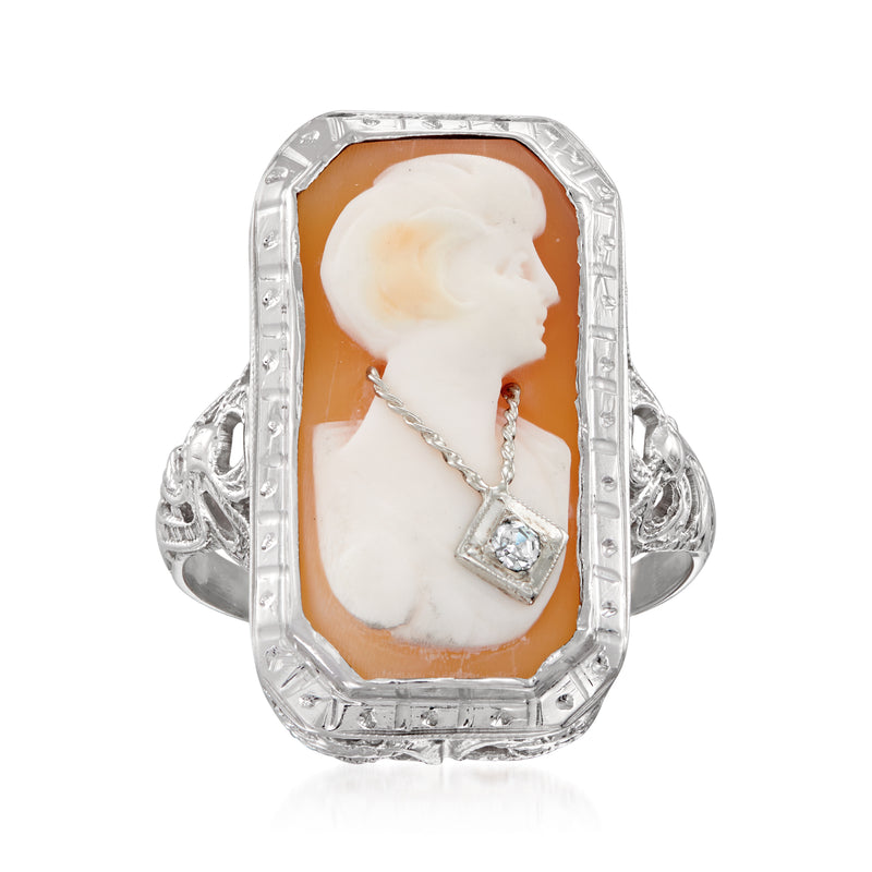 14kt white gold oval cameo ring with brown shell background and small diamond accent