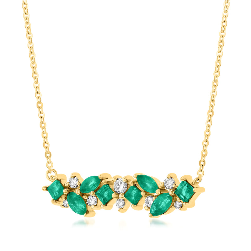 14kt yellow gold bar necklace with green emerald stones and small diamond accents