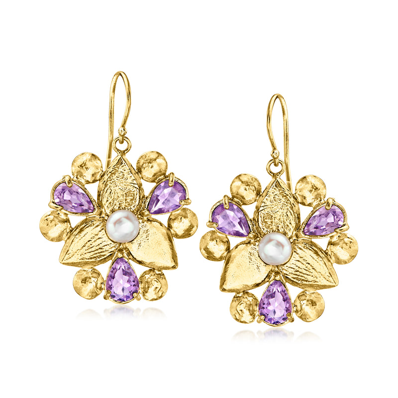Gold flower drop earrings with cultured pearl and amethyst stones, earwire