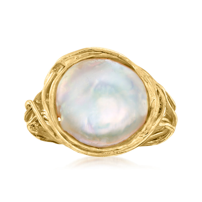 Gold over sterling coin pearl ring with large oval mother-of-pearl bezel