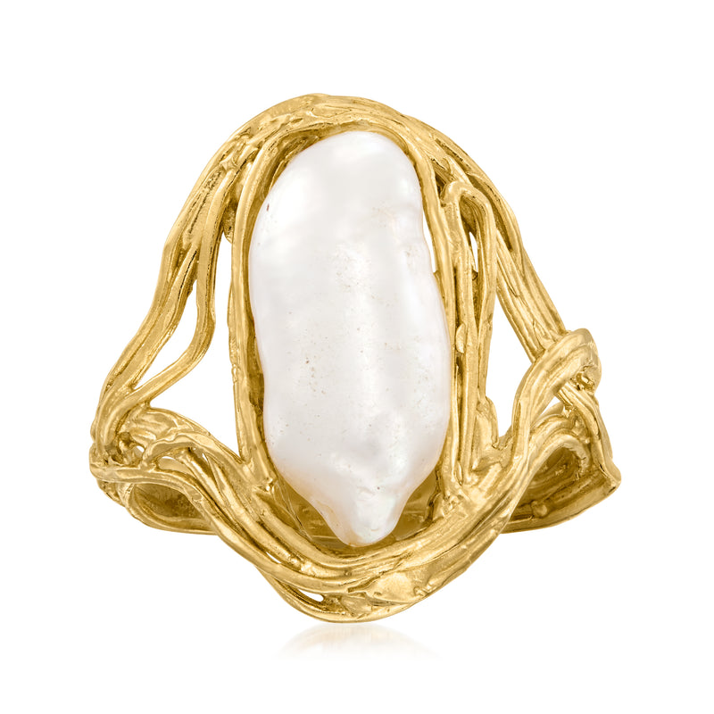 Cultured baroque pearl ring with oval white pearl and ornate gold-tone setting
