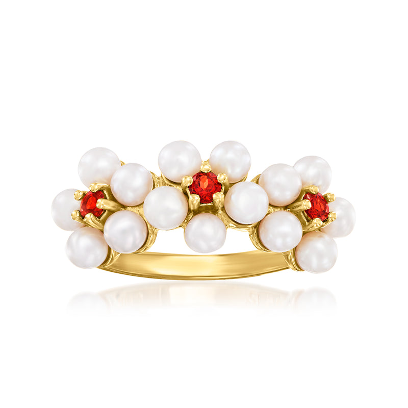 18kt gold over sterling ring with white cultured pearl clusters and red garnet accents